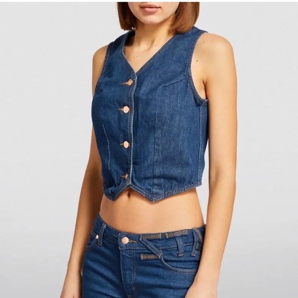 NWT Wrangler x STAUD Denim Vest Dark Wash Cropped Button Front Womens Size L